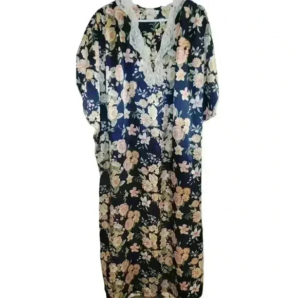 Vtg Barbizon Kaftan Blue Floral Lace Grandmacore Nightgown XXL Maxi Mumu - Picture 9 of 16
